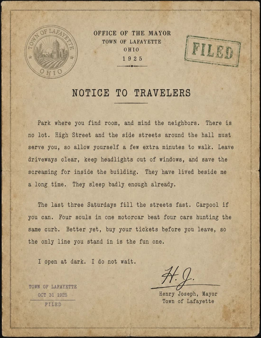 A filed 1925 notice to travelers from the Office of the Mayor, Town of Lafayette, Ohio, signed by Mayor Henry Joseph.
