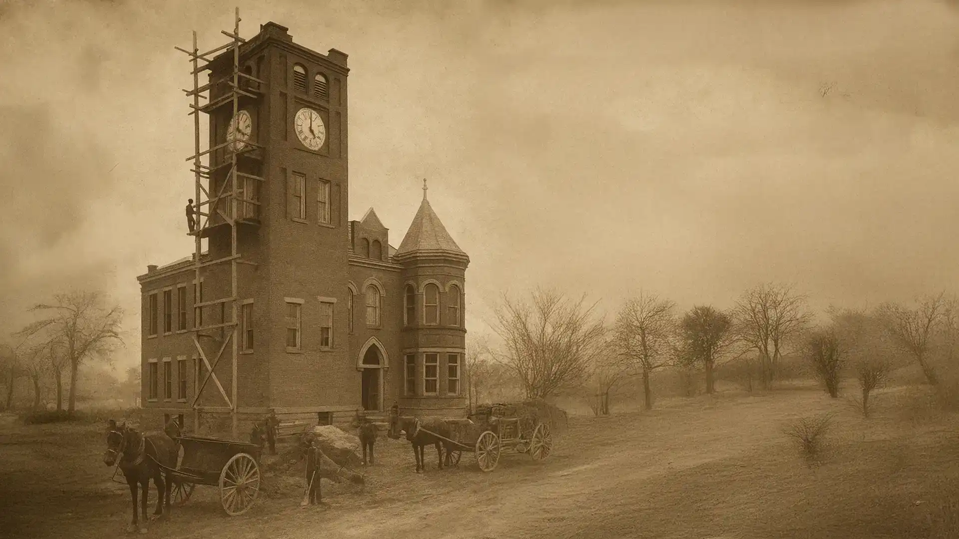 Timeline artwork of the Lafayette town hall under construction in 1899, bare brick and scaffolding against a pale sky