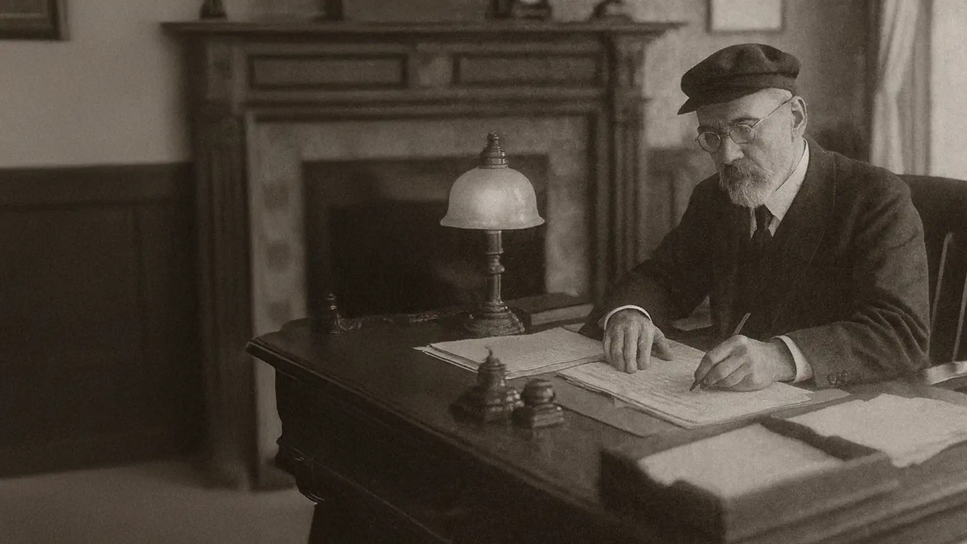 Timeline artwork of Mayor Henry Joseph taking office in 1910, a stern figure in a dark suit before the town hall