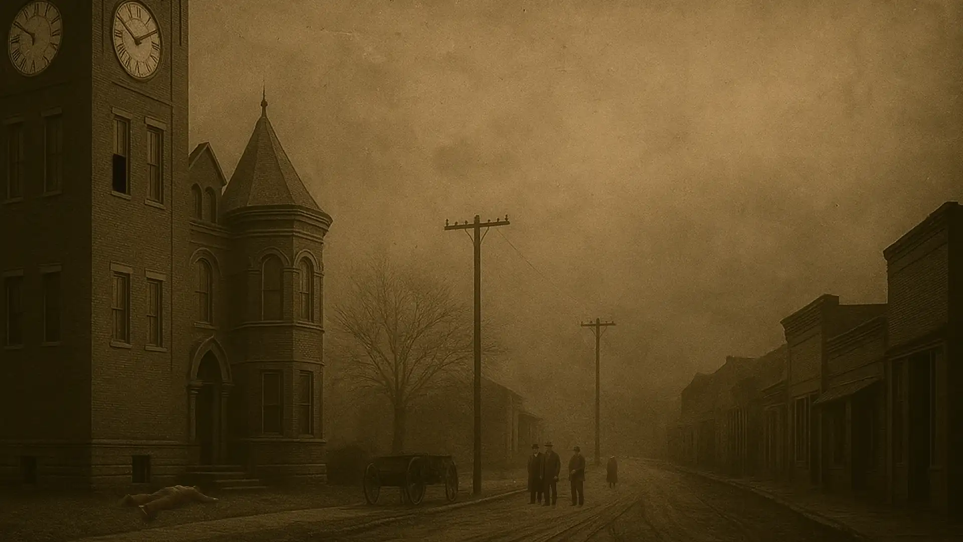 Timeline artwork of the 1927 death of Mayor Joseph, the clock tower looming over his fall