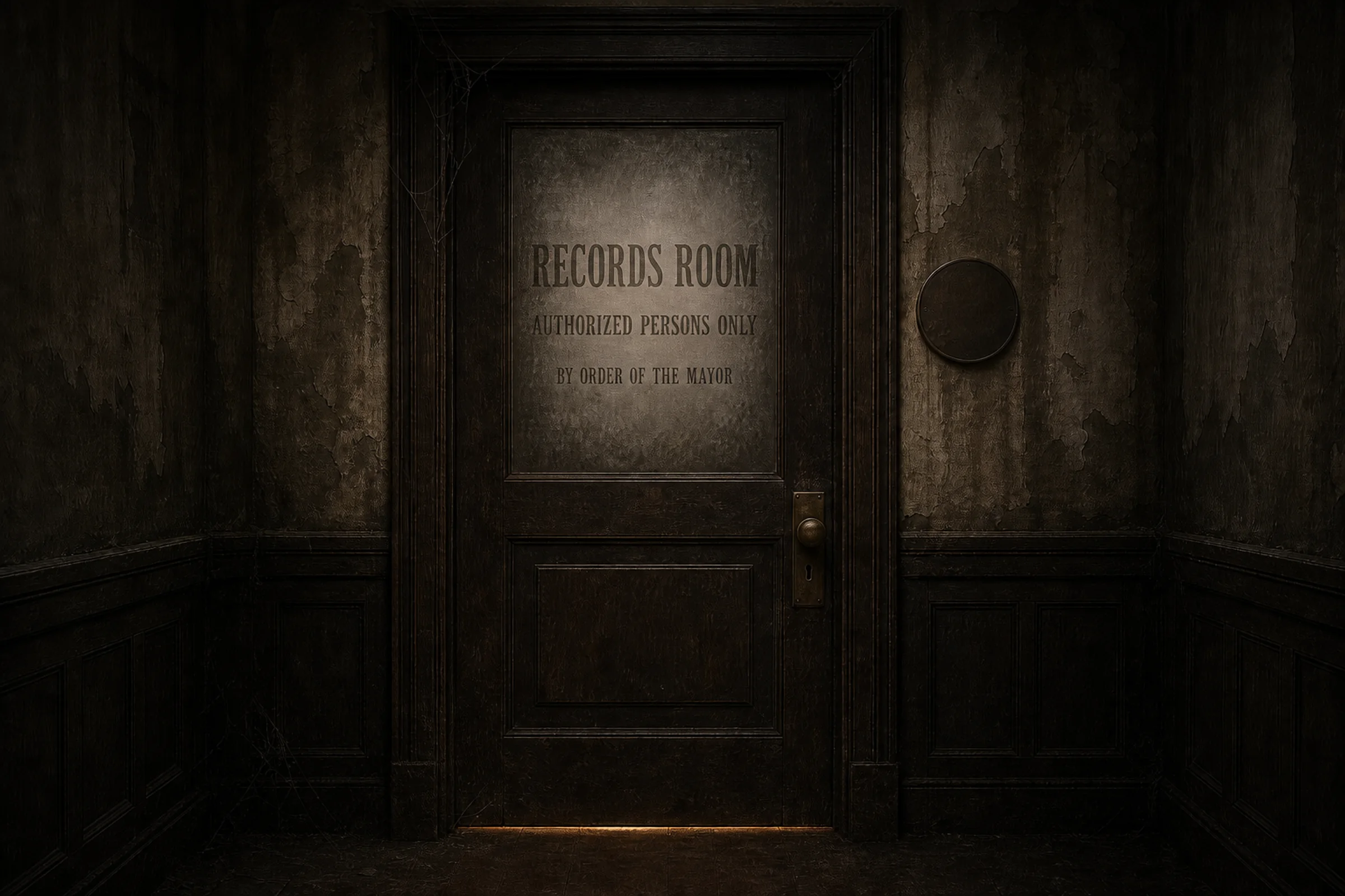 A sealed oak door in a dark town hall corridor.